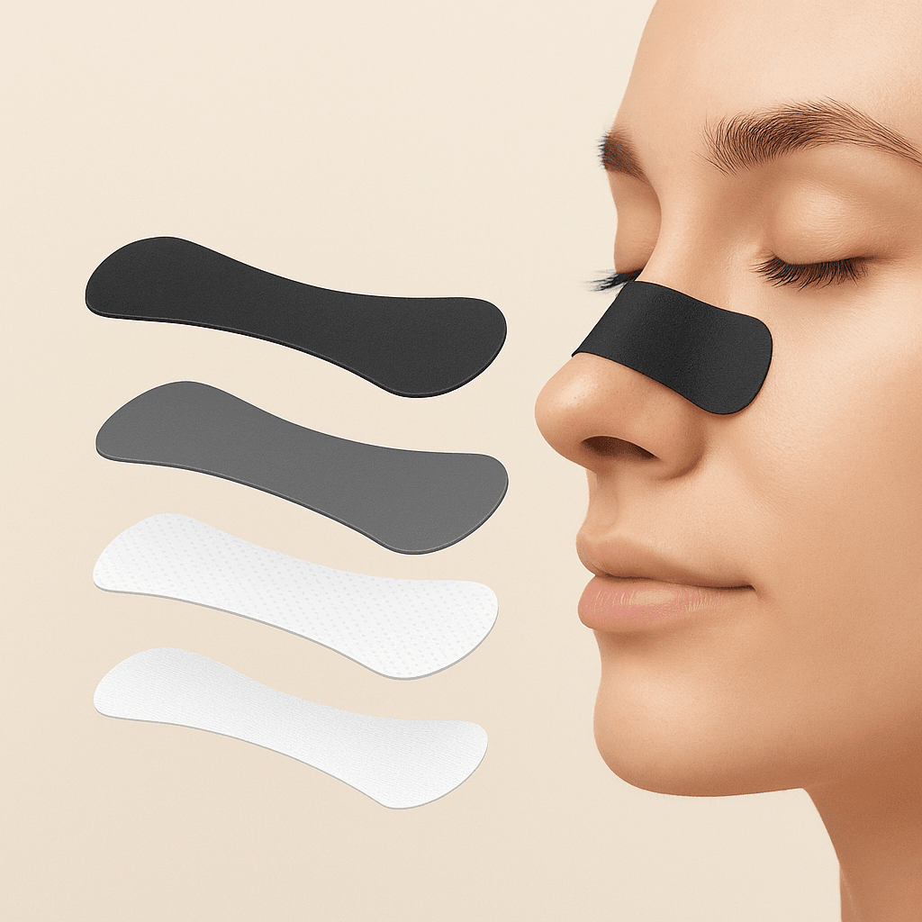 A person wearing a Breathe Right nasal strip on their nose, looking relieved and ready for a peaceful sleep.