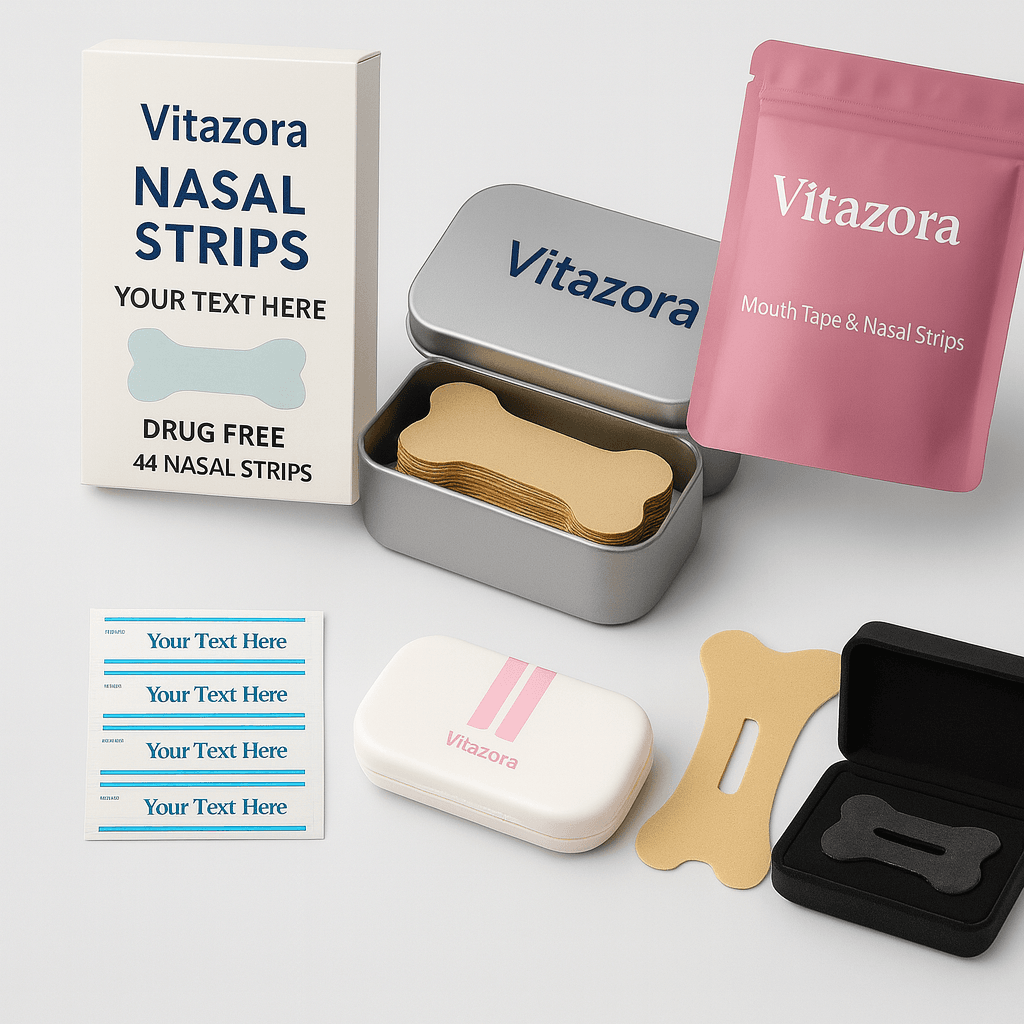 A collection of unique private label nasal strip packaging, including boxes and individual wrappers, showcasing OEM/ODM customization options.